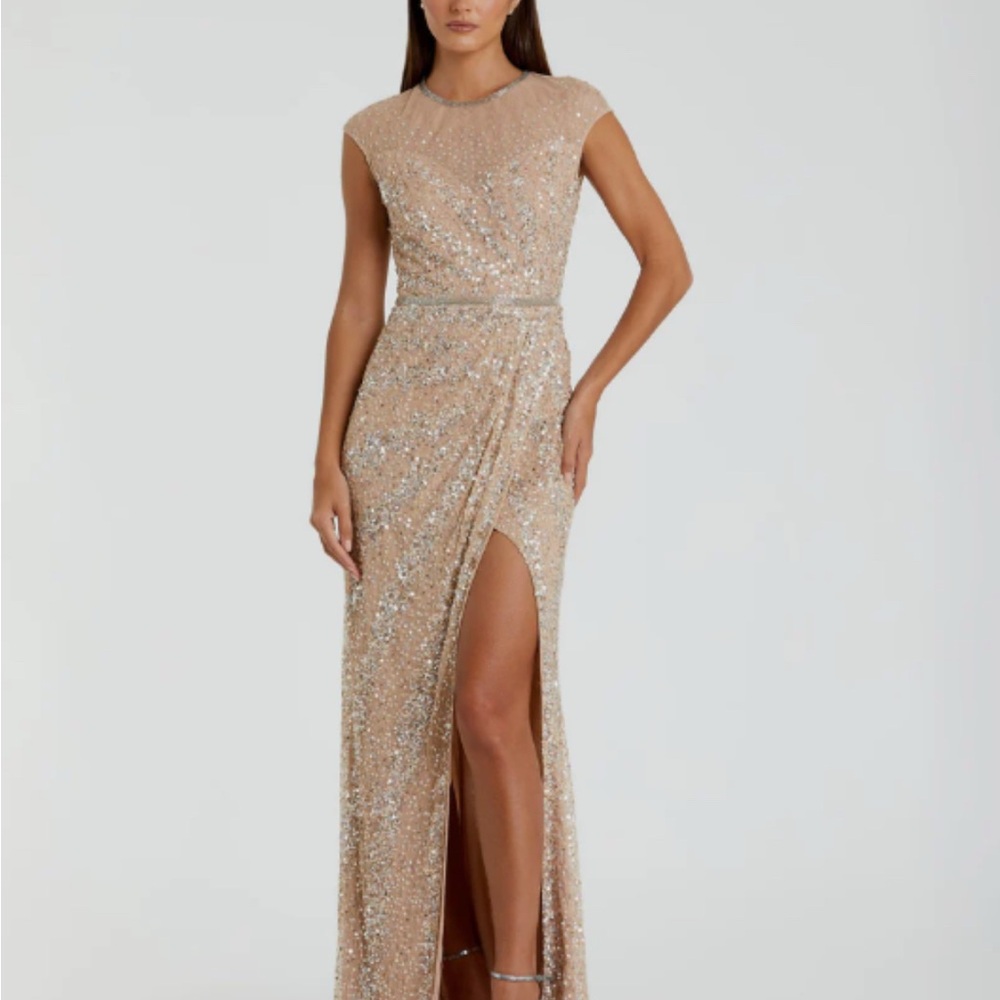 Mac Duggal Sequin Embellished Gown in Gold Nude Silver